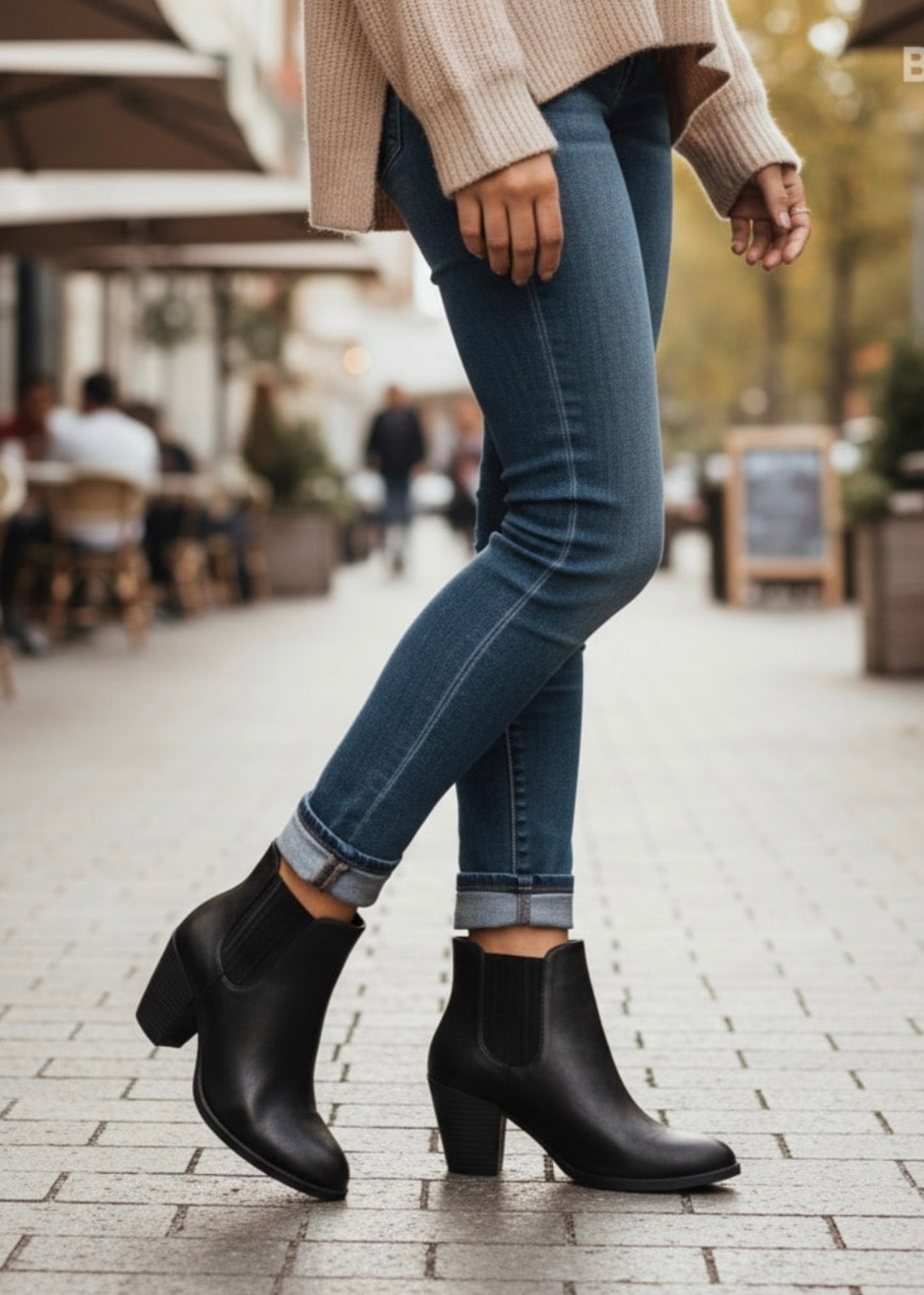 Bottines en cuir noir à talon